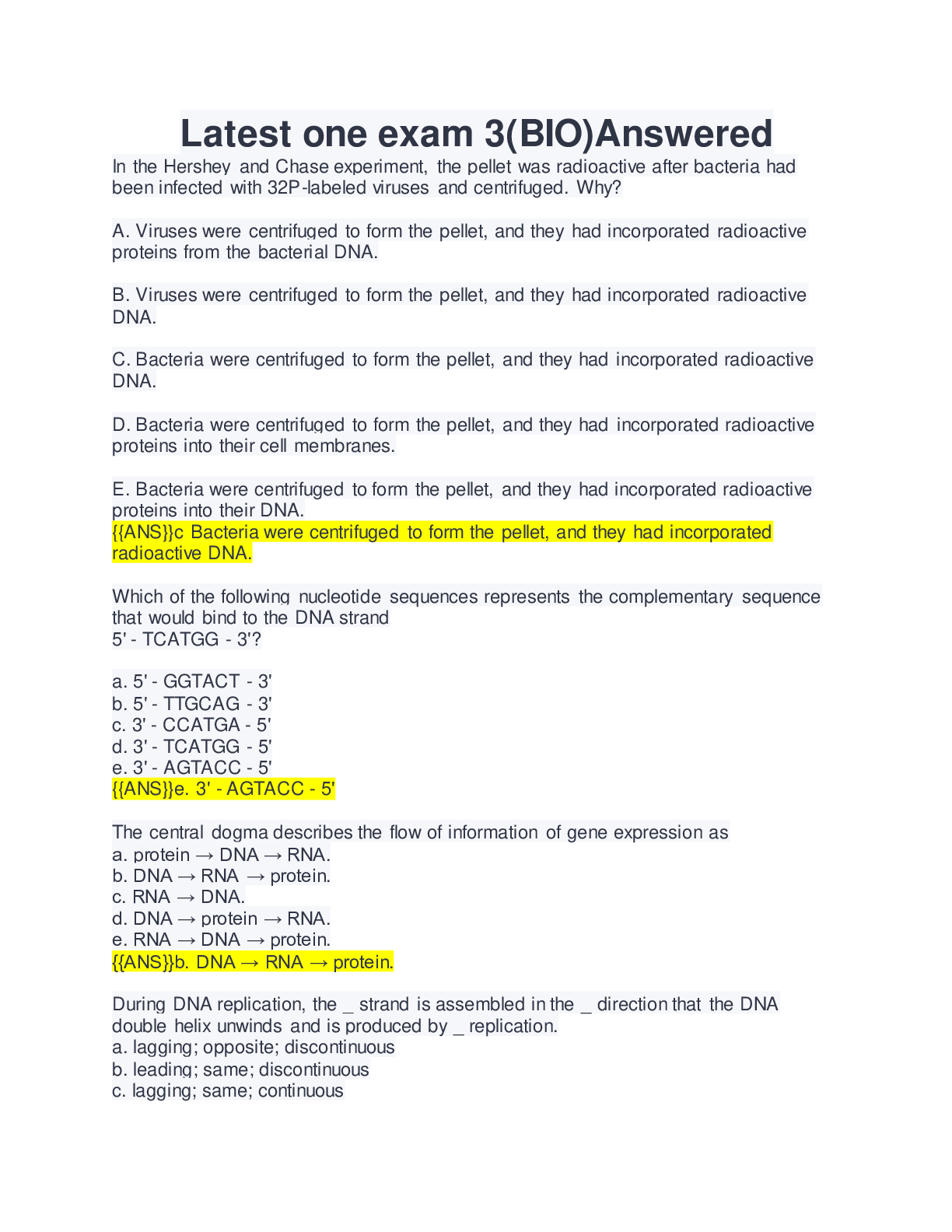 Preview image of Latest one exam 3(BIO)Answered document